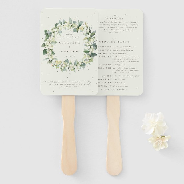 Elegant Cream Snowberry+Eucalyptus Winter Wedding Hand Fan (Front and Back)