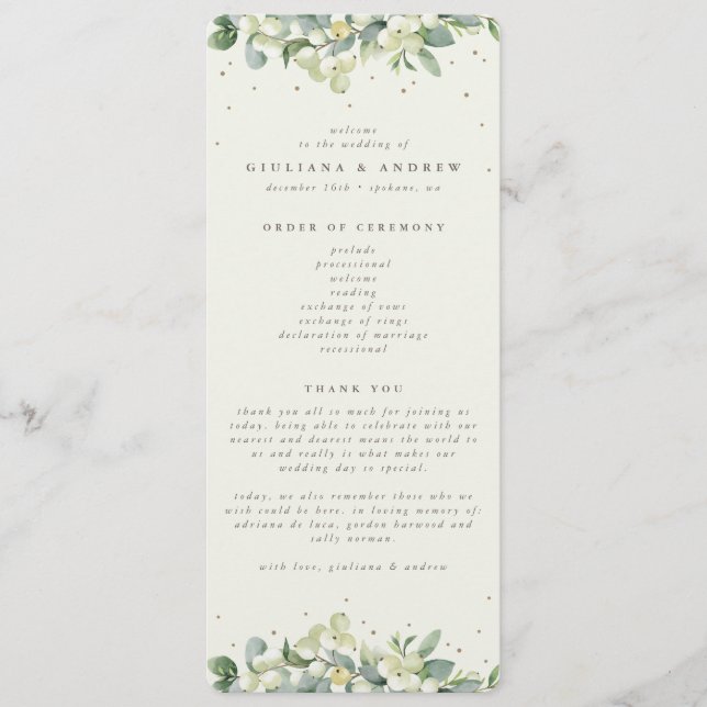 Elegant Cream Snowberry+Eucalyptus Winter Wedding Programme (Front)