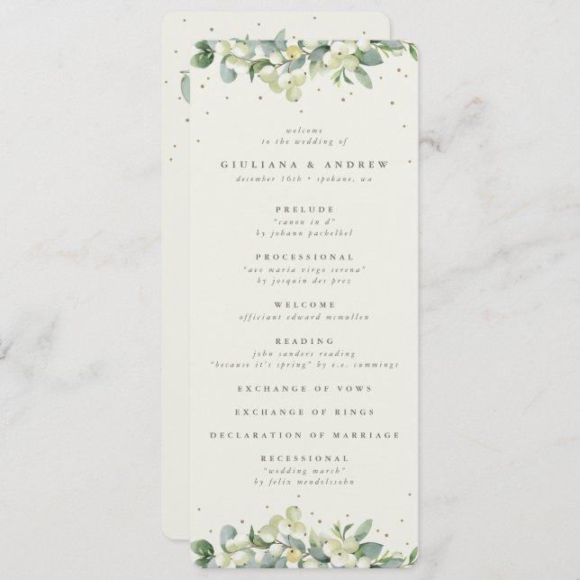 Elegant Cream Snowberry+Eucalyptus Winter Wedding Programme (Front/Back)