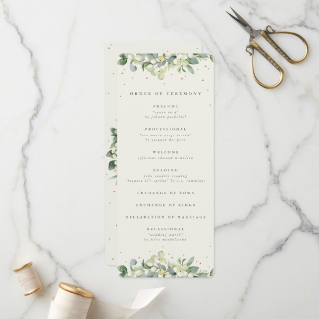 Elegant Cream Snowberry+Eucalyptus Winter Wedding Programme (Front/Back In Situ)