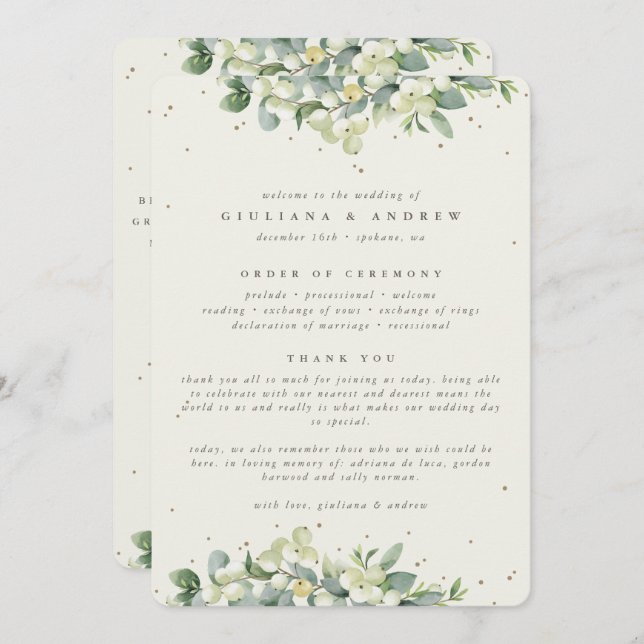 Elegant Cream Snowberry+Eucalyptus Winter Wedding Programme (Front/Back)