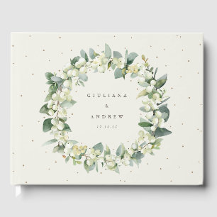Elegant Cream Snowberry+Eucalyptus Wreath Wedding Guest Book
