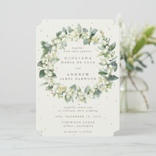 Elegant Cream Snowberry+Eucalyptus Wreath Wedding Invitation