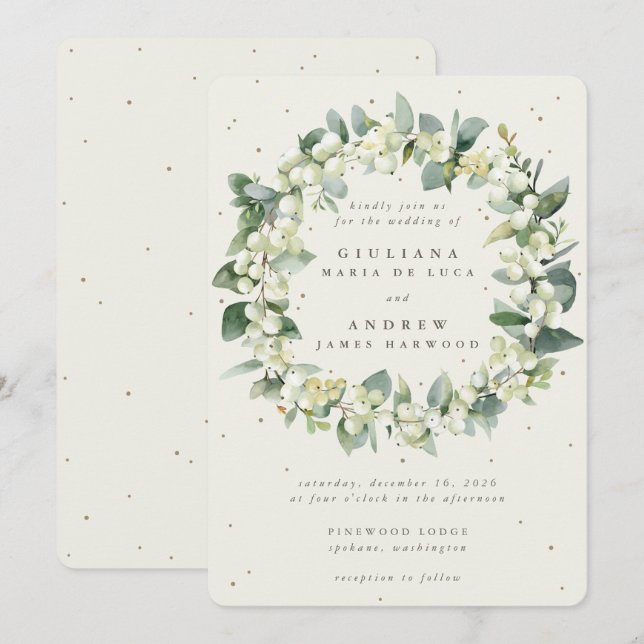 Elegant Cream Snowberry+Eucalyptus Wreath Wedding Invitation (Front/Back)