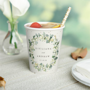 Elegant Cream Snowberry+Eucalyptus Wreath Wedding Paper Cups