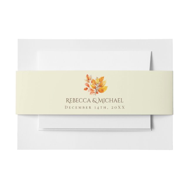 Elegant Cream Watercolor Fall Leaves Wedding Invitation Belly Band (Front Example)