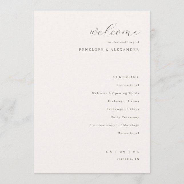 Elegant Cream Wedding Ceremony Programme (Front)