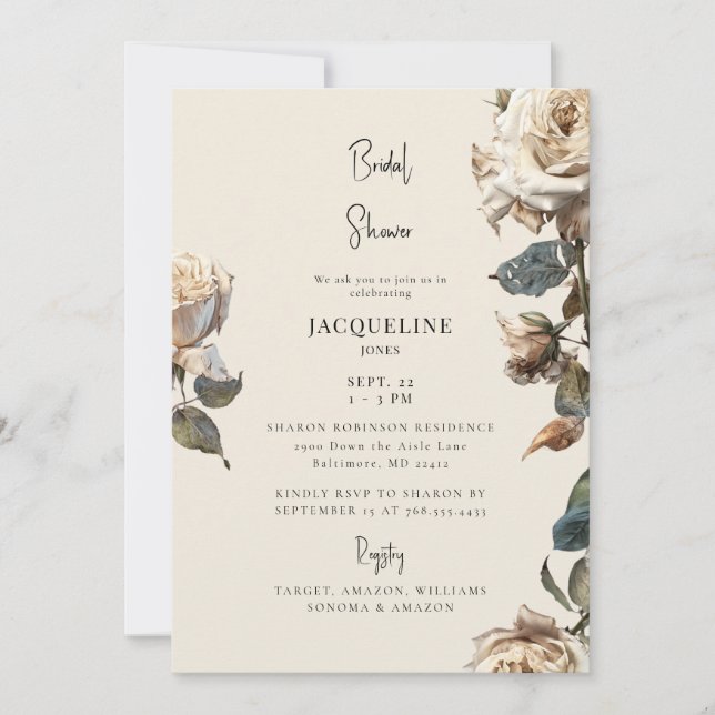 Elegant Cream White Dried Roses Bridal Shower Invitation (Front)
