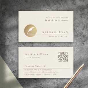 Elegant Creamy White and Gold Feather Logo Notary Business Card