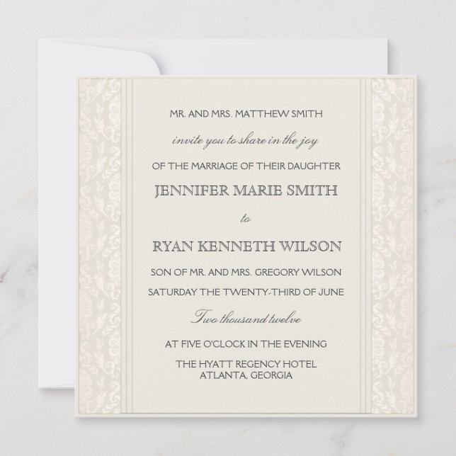 Elegant Creme Damask Wedding Invitation (Front)