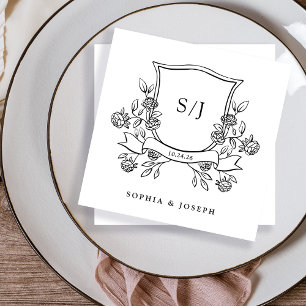 Elegant Crest and Monogram Black and White Wedding Napkin