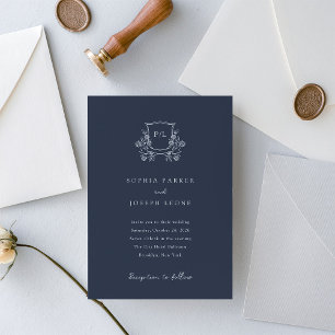 Elegant Crest and Monogram   Navy Blue Wedding Invitation