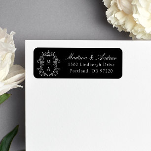 Elegant Crest Black Monogram Wedding Address