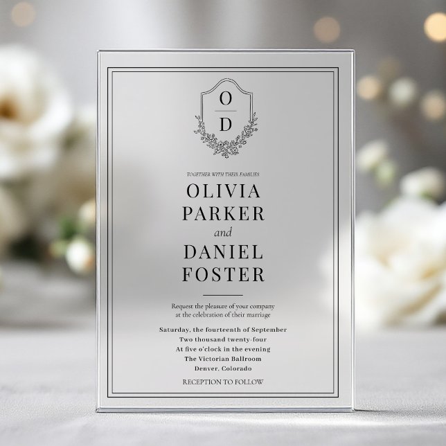 Elegant Crest Black & White Modern Wedding Acrylic Invitations (Creator Uploaded)