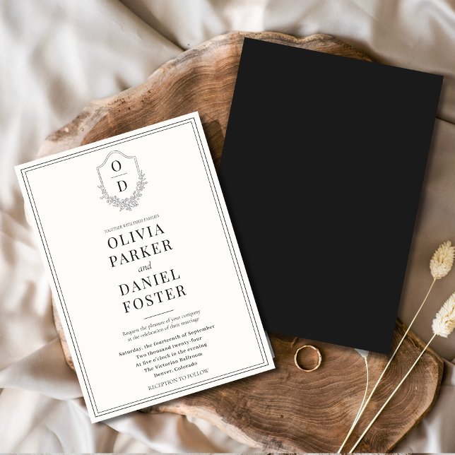 Elegant Crest Black & White Modern Wedding Invitation (Creator Uploaded)