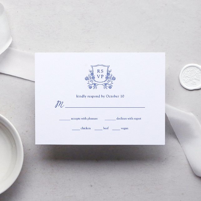 Elegant Crest | Blue and White Wedding Meal Choice RSVP Card (Creator Uploaded)