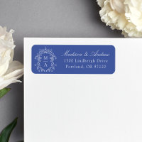 Elegant Crest Blue Monogram Wedding Address