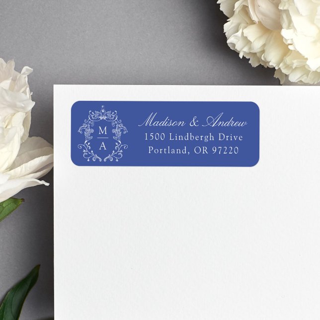 Elegant Crest Blue Monogram Wedding Address (Creator Uploaded)