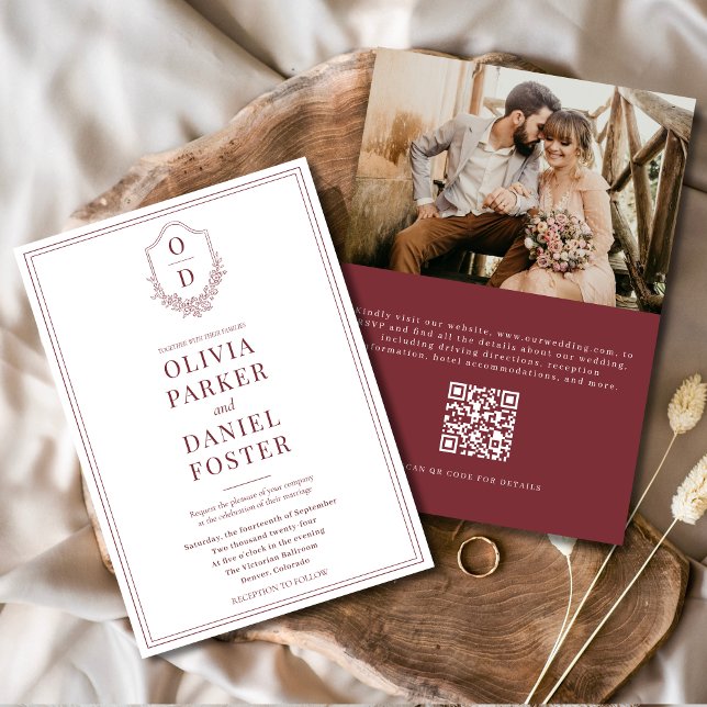Elegant Crest Burgundy QR Code Photo Wedding Invitation (Creator Uploaded)