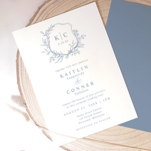 Elegant Crest Dusty Blue Classic Formal Wedding Invitation