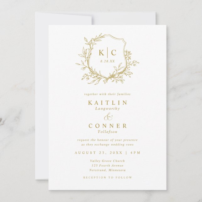 Elegant Crest Gold Classic Formal Wedding Logo Invitation (Front)