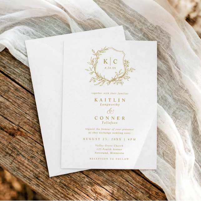 Elegant Crest Gold Classic Formal Wedding Logo Invitation (Vintage crest gold wedding invitation)