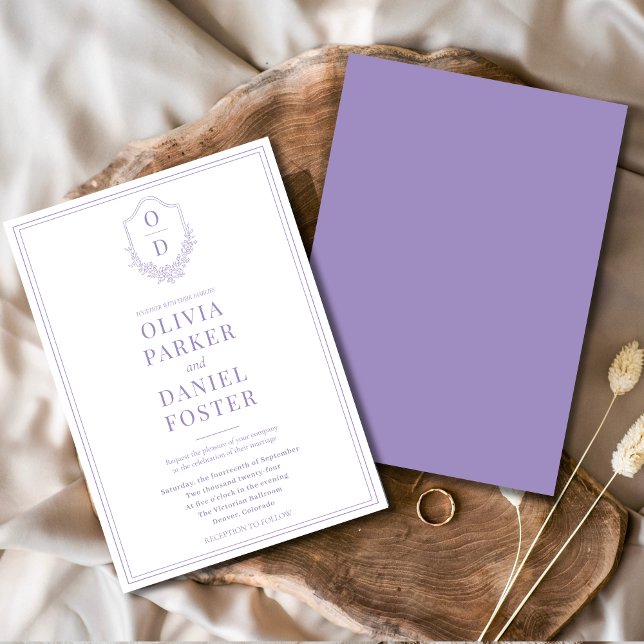 Elegant Crest Lilac Purple Minimalist Wedding Invitation (Creator Uploaded)