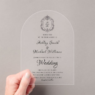 Elegant Crest Minimalist Formal Monogram Wedding Acrylic Invitations