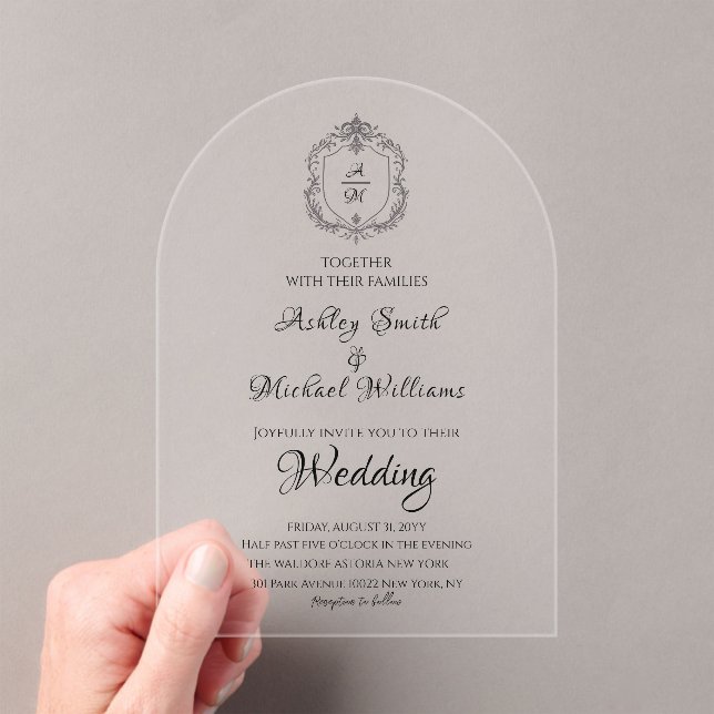 Elegant Crest Minimalist Formal Monogram Wedding Acrylic Invitations (Insitu (Handheld))