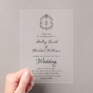 Elegant Crest Minimalist Formal Monogram Wedding Acrylic Invitations