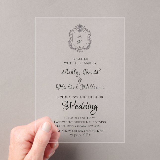 Elegant Crest Minimalist Formal Monogram Wedding Acrylic Invitations (Insitu (Handheld))