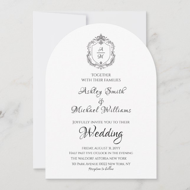 Elegant Crest Minimalist Formal Monogram Wedding Invitation (Front)