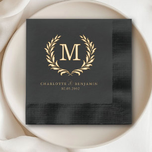 Elegant Crest Monogram Black Wedding  Foil Napkins