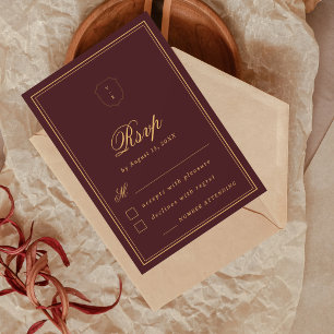 Elegant Crest Monogram Burgundy Gold Fall Wedding RSVP Card