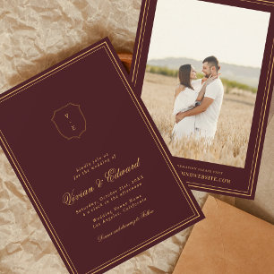 Elegant Crest Monogram Burgundy & Gold Wedding Invitation