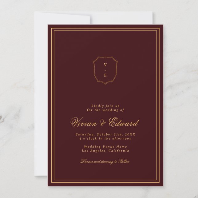 Elegant Crest Monogram Burgundy & Gold Wedding Invitation (Front)