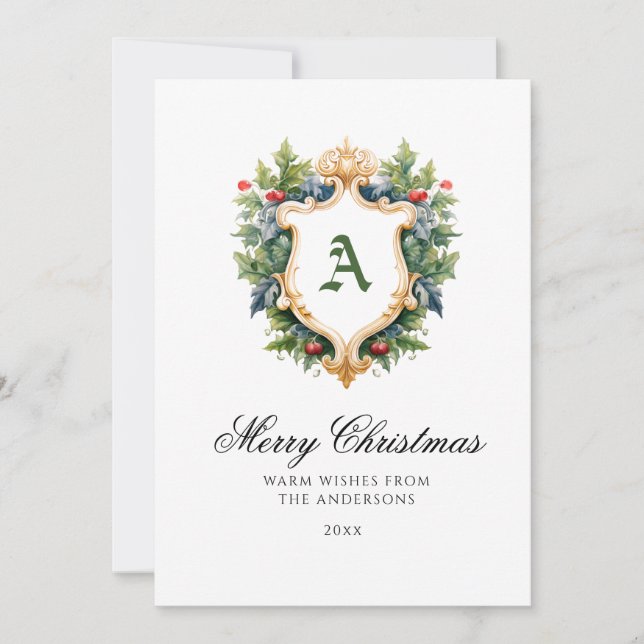 Elegant Crest Monogram Christmas Card (Front)