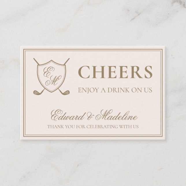 Elegant Crest Monogram Golf Wedding Drink Ticket (Front)