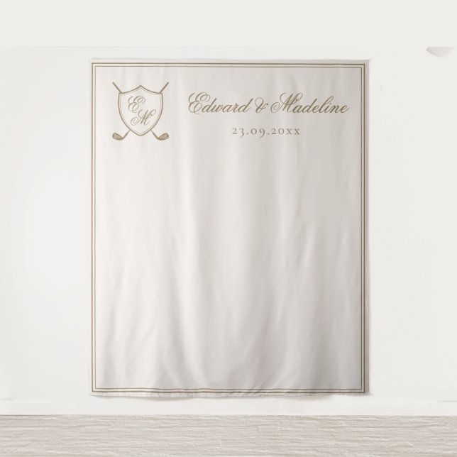Elegant Crest Monogram Golf Wedding Photo Backdrop Tapestry (Front)