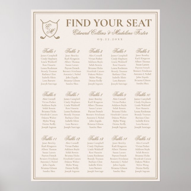 Elegant Crest Monogram Golf Wedding Seating Charts (Front)
