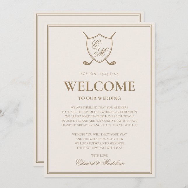 Elegant Crest Monogram Golf Wedding Welcome Note Invitation (Front/Back)