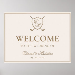 Elegant Crest Monogram Golf Wedding Welcome Poster