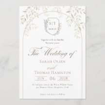 Elegant Crest Monogram Green Leaves Wedding
