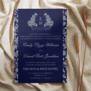 Elegant Crest Monogram Navy Heritage Wedding Invitation