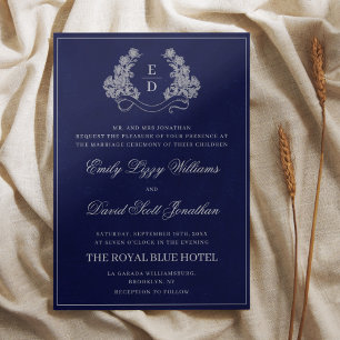 Elegant Crest Monogram Navy Heritage Wedding Invitation