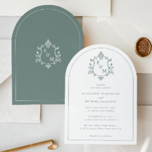 Elegant Crest Monogram Sage Green Arch Wedding Invitation