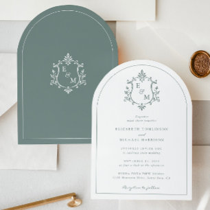 Elegant Crest Monogram Sage Green Arch Wedding Invitation