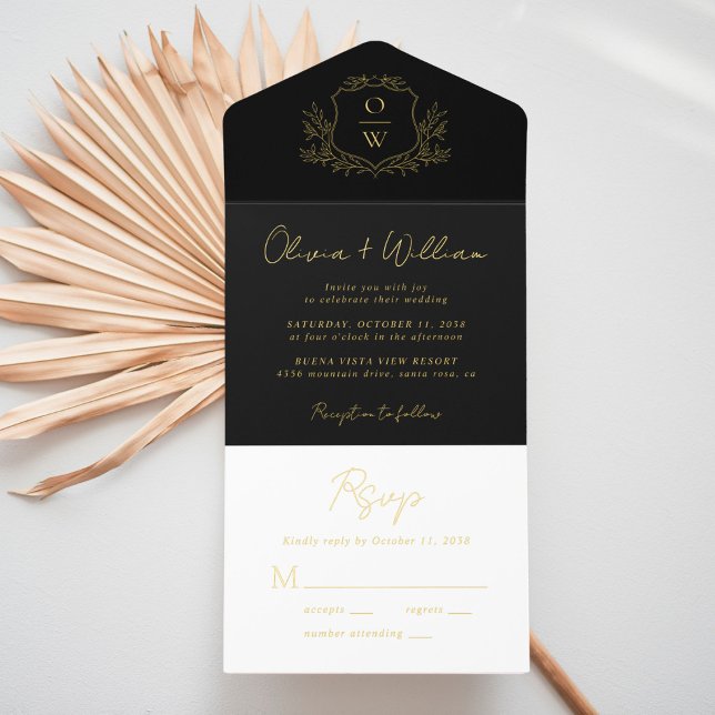 Elegant Crest Monogram Script Black Wedding All In One Invitation (Creator Uploaded)