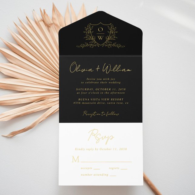 Elegant Crest Monogram Script Black Wedding All In One Invitation (Creator Uploaded)