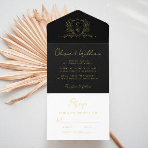 Elegant Crest Monogram Script Black Wedding All In One Invitation